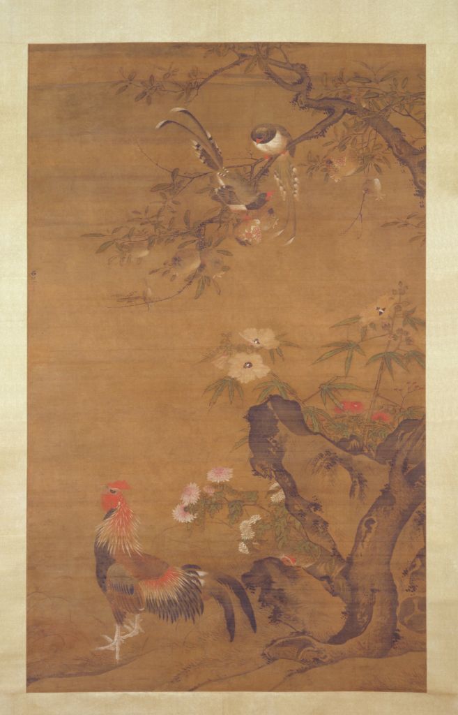 图片[1]-Lv Ji’s picture axis of pomegranate, sunflower and chicken-China Archive